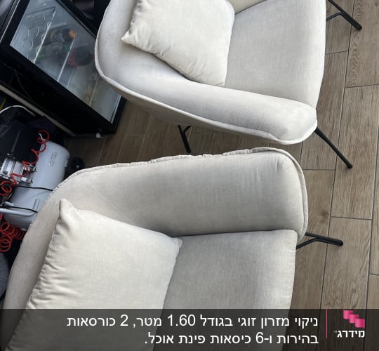 שני כורסאות בד בהירות עם כריות על רצפת עץ